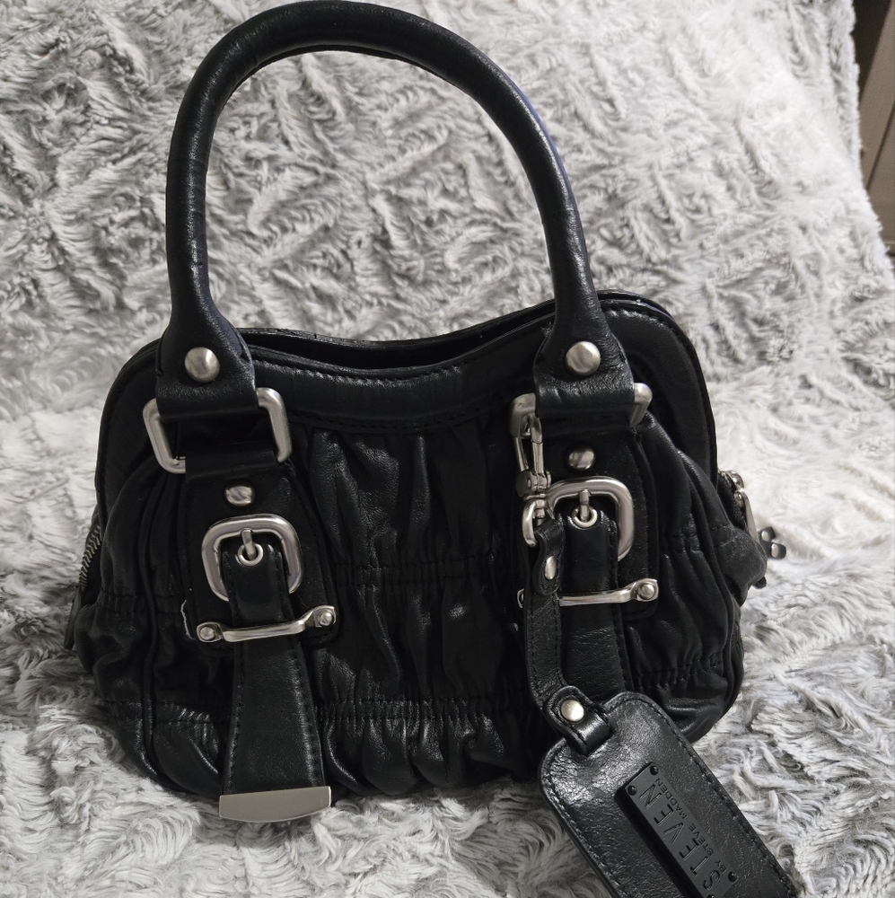 Steve Madded Black Leather 2 Buckle Handbag